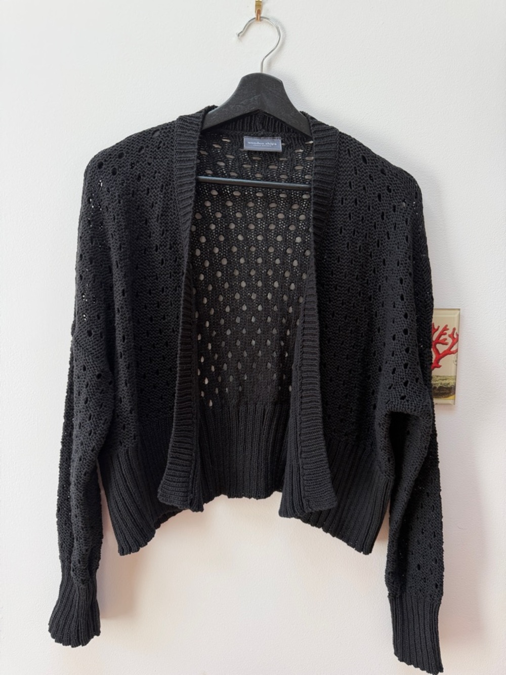 wooden ships Black Open-Knit Cropped Cardigan Sweater